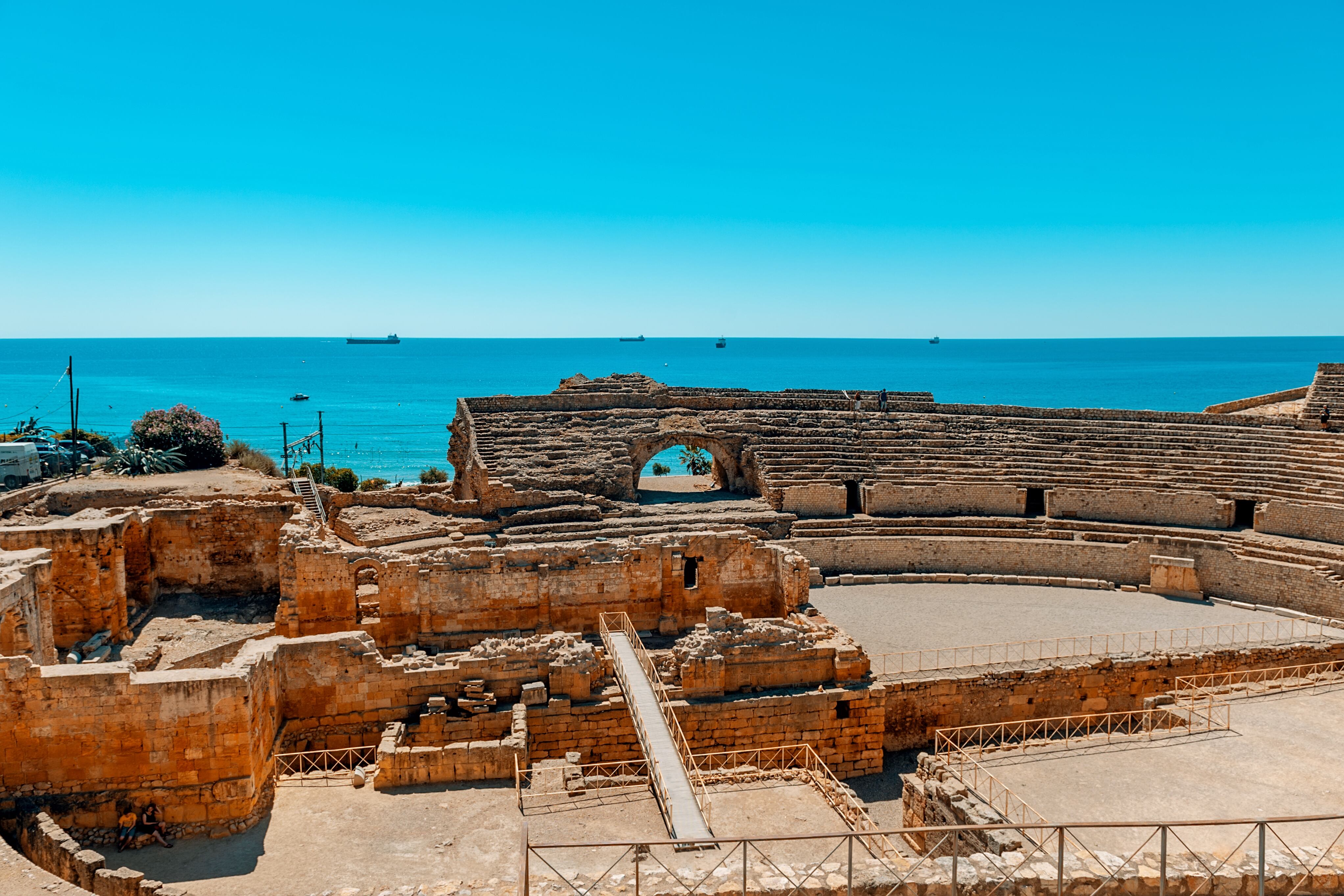 Cambrils Spain August 8, 2013 . Roman amphitheatre of Tarragona, Spain. Tourists take pictures of the sundial. An ancient historical tourist attraction of Catalonia