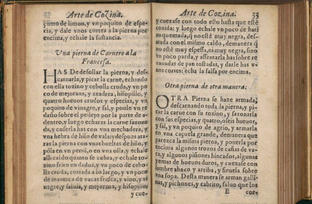 Dos páginas digitalizadas de &#039;Arte de cozina, pasteleria, vizcocheria, y conserueria&#039; (Biblioteca Nacional).