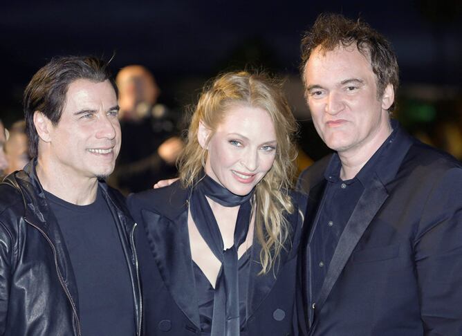 Uma Thurman, John Travolta y Quentin Tarantino acuden a la proyección de 'Pulp Fiction' en la playa de Cannes