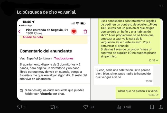 La usuaria de Twitter ha compartido la imagen de la conversación que ha tenido con el casero cuando se ha interesado por esta vivienda.