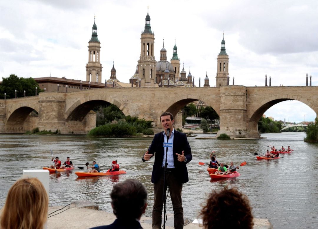 El presidente del PP, Pablo Casado, durante su intervención en la presentación en Zaragoza del programa electoral europeo para las elecciones del 26 de mayo