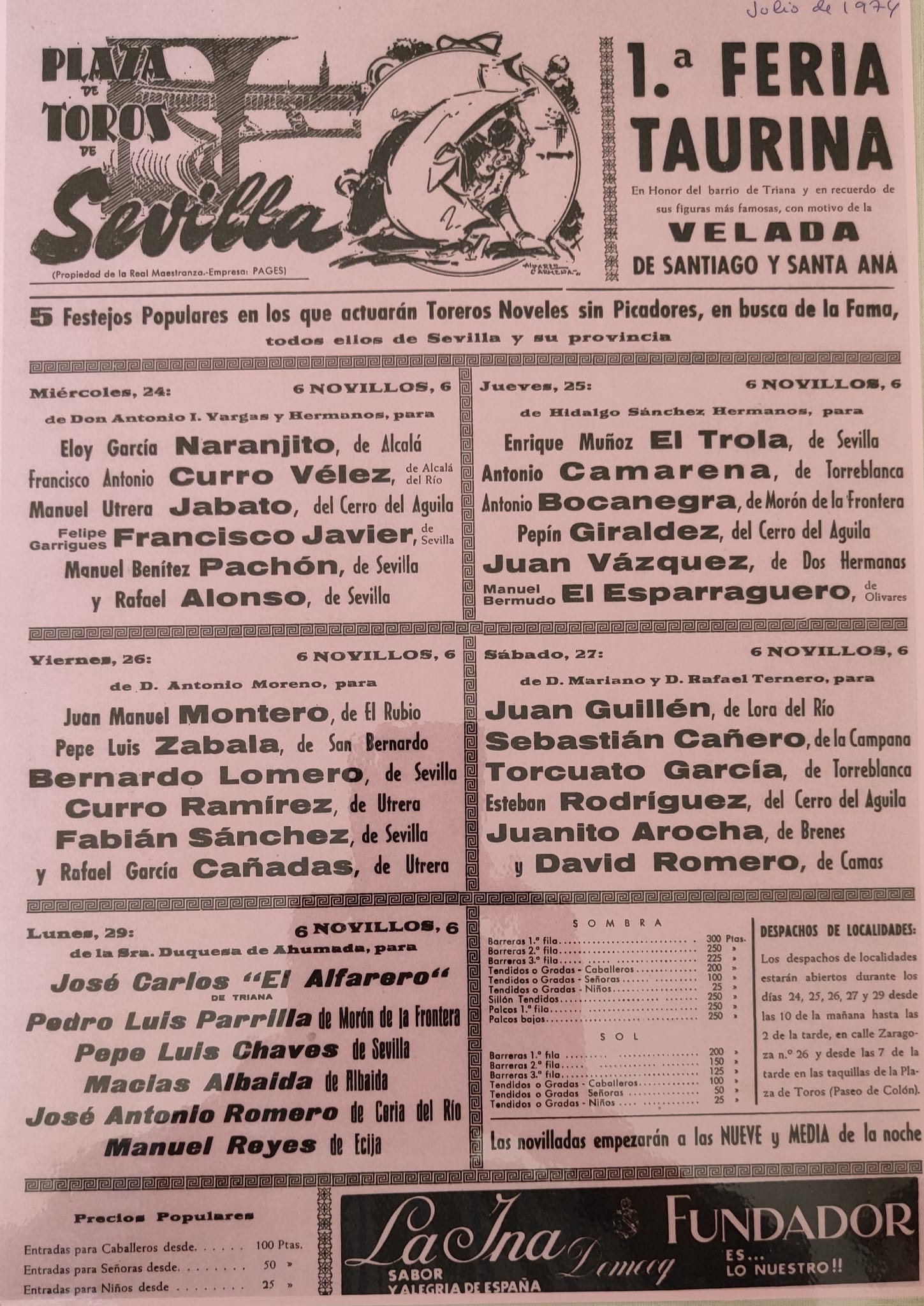 Carteles del primer ciclo de novilladas de promoción celebrado en la Maestranza en julio de 1974