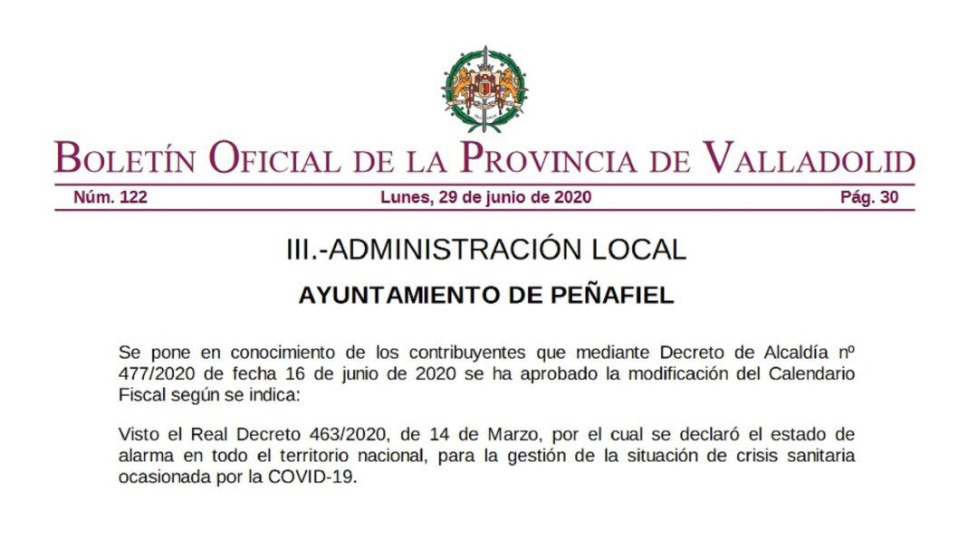 Cabecera del documento del BOP sobre la ordenanza del calendario fiscal.