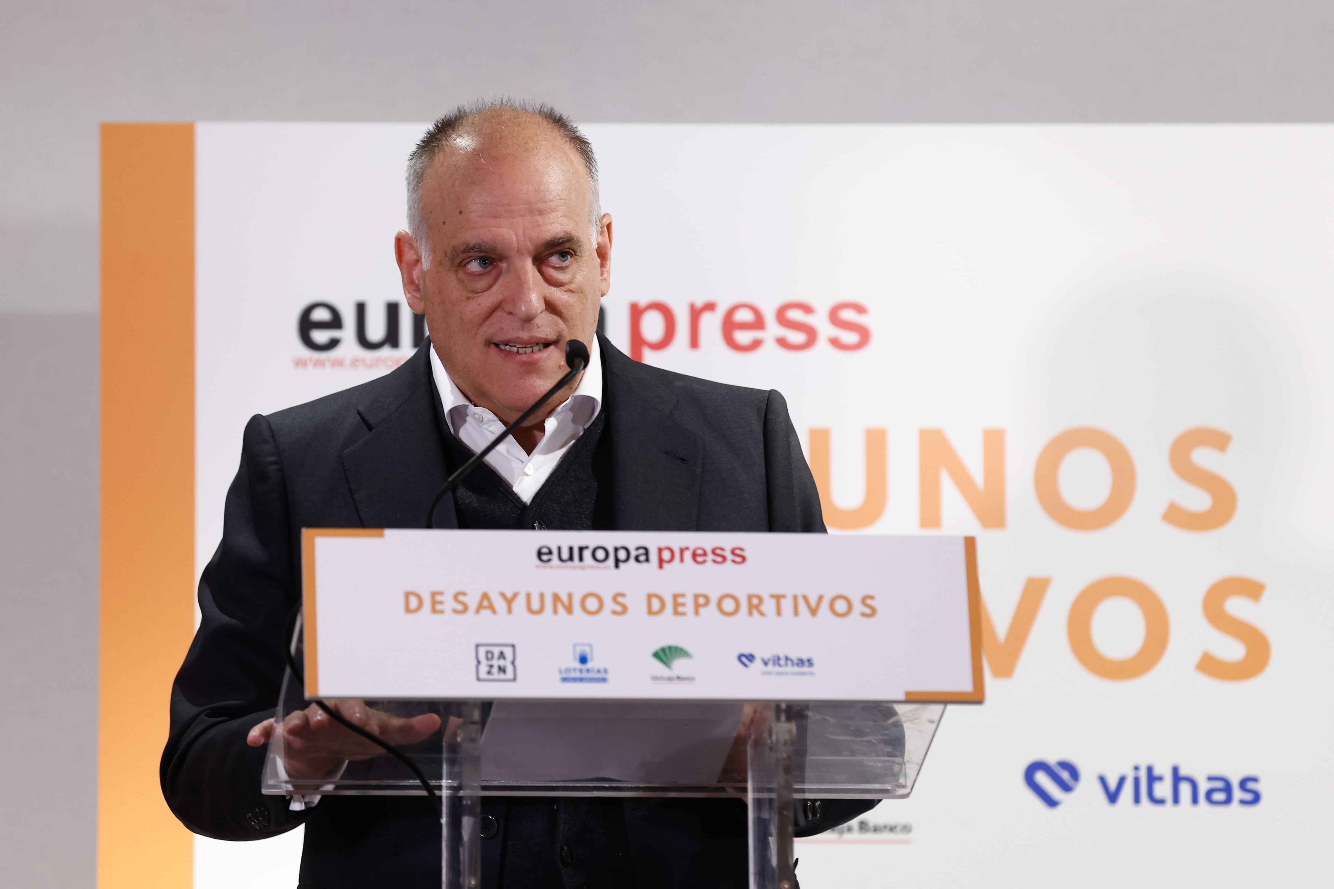 Javier Tebas, el presidente de La Liga, durante un evento