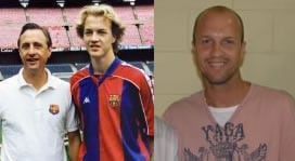 Jordi Cruyff junto a su padre Johan en el FC Barcelona, en una foto de 1995. A la derecha, una foto actual de Jordi.