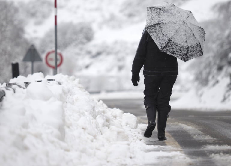 Una mujer camina por la LU-633, cubierta de nieve. Según las predicciones meteorológicas, desde hoy y hasta mañana por la tarde podrían producirse acumulaciones de nieve de veinte centímetros en las montañas de Lugo y Ourense.