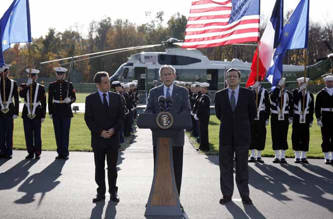 Comparecencia de Bush, Sarkozy y Barroso en Camp David, Maryland