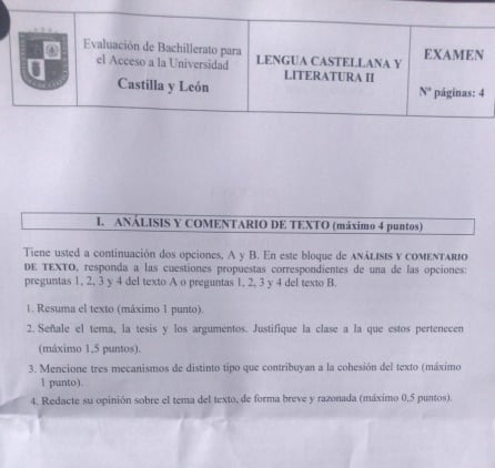 Fotografía 1 del examen de la Ebau