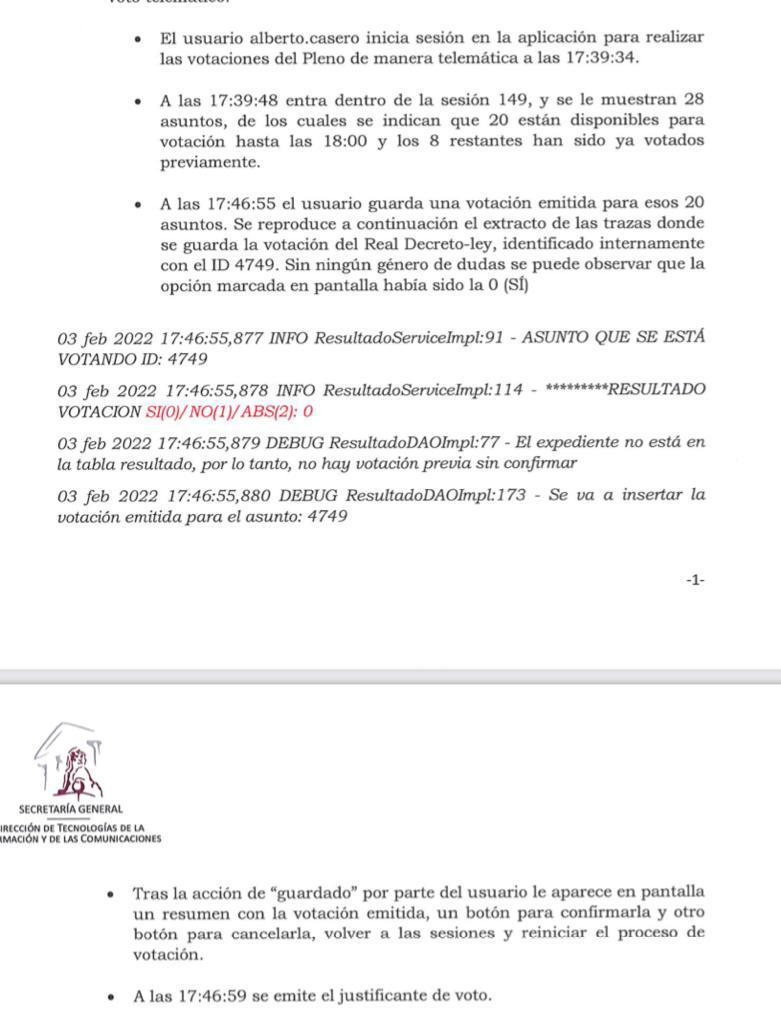 Pieza del informe elaborado por por los servicios informáticos del Congreso sobre la votación de la reforma laboral