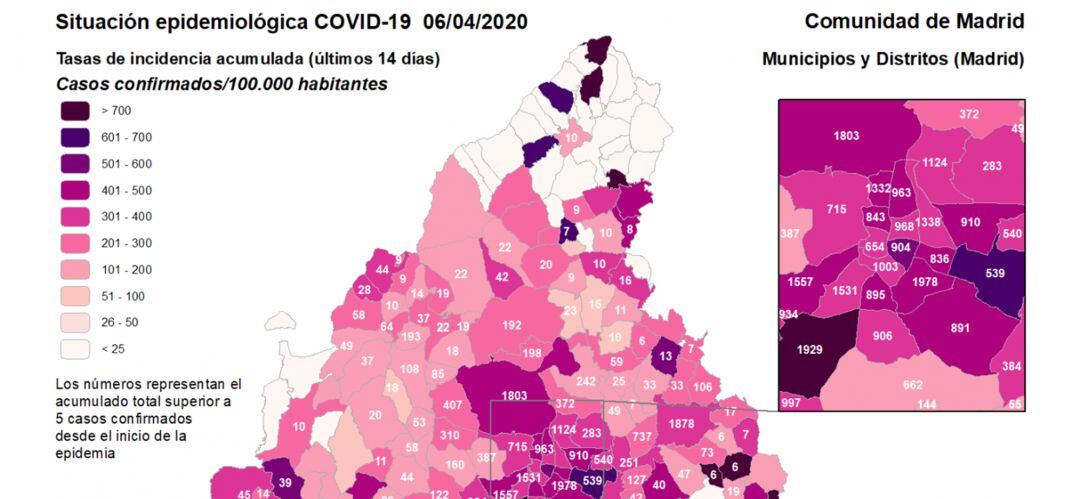 Mapa que muestra la incidencia del coronavirus en la Comunidad de Madrid