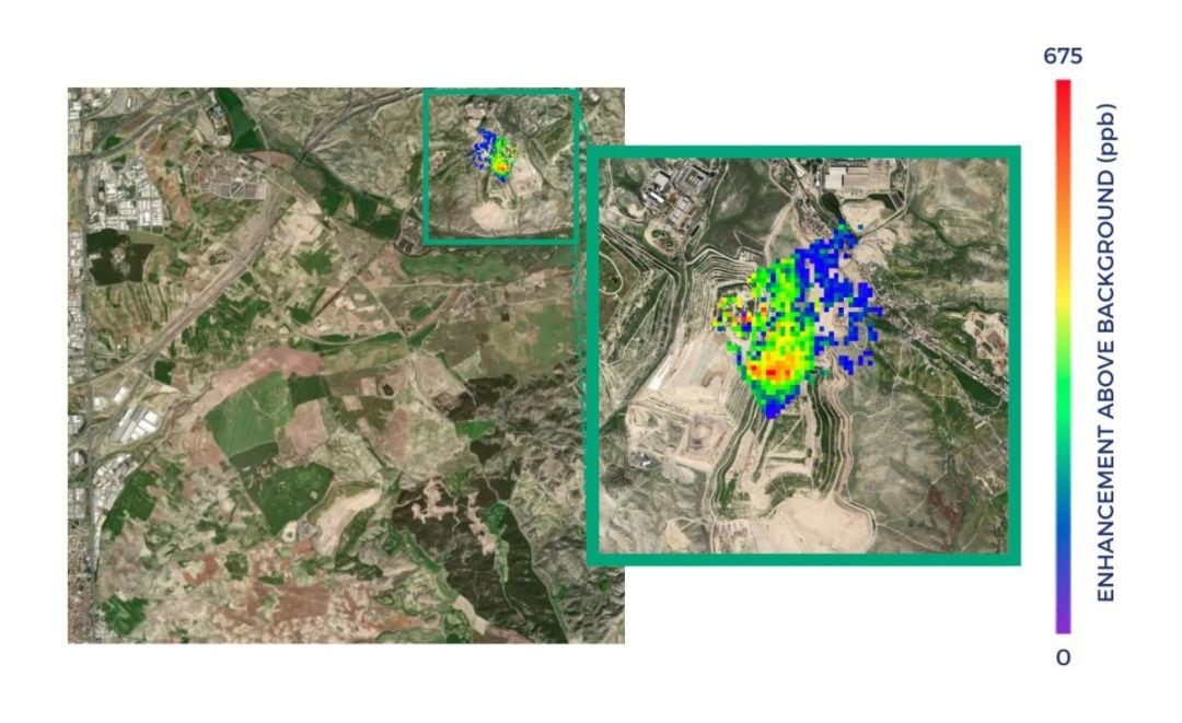 Los puntos rojos del mapa señalan los lugares con altas emisiones de gas metano el pasado agosto. 