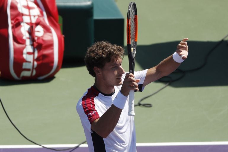 Mar 26, 2018; Key Biscayne, FL, USA; Pablo Carreno Busta of Spain waves to the crowd after his match against Steve Johnson of the United States (not pictured) on day seven of the Miami Open at Tennis Center at Crandon Park. Carreno Busta won 6-4, 6-4. Man