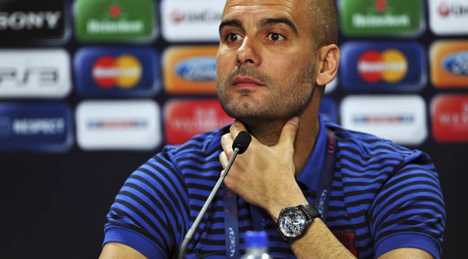 Josep Guardiola, durante la rueda de prensa del equipo en el estadio Wembley de Londres, Reino Unido