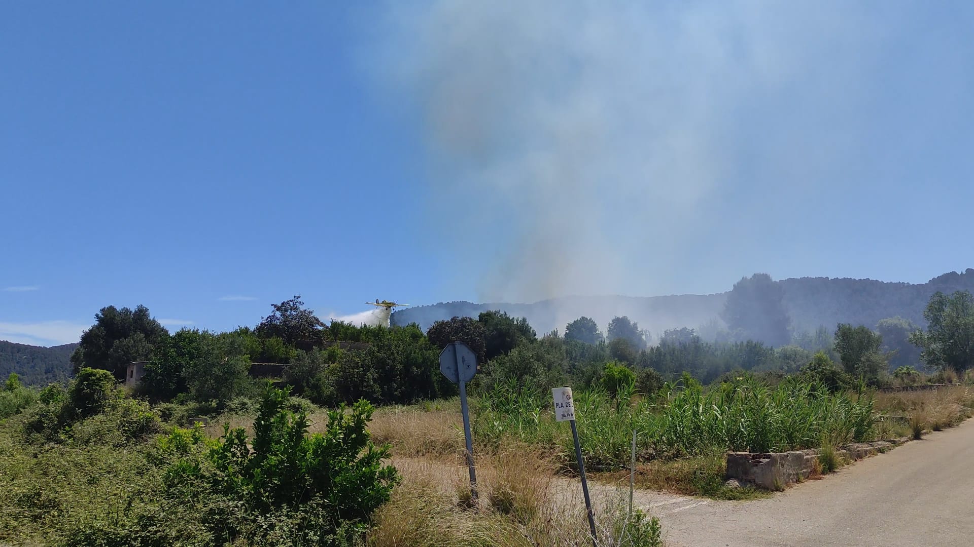 Efectivos aéreos apagando el incendio que se detectaba ayer en Villalonga.