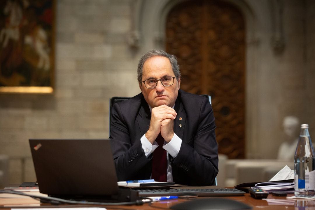 El presidente de la Generalitat, Quim Torra, durante una reunión telemática sobre medidas y evolución de la pandemia del COVID-19, en el Palau de la Generalitat, Barcelona, Catalunya (España), a 25 de septiembre de 2020.