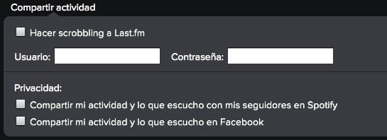 Opciones para compartir actividad de Spotify