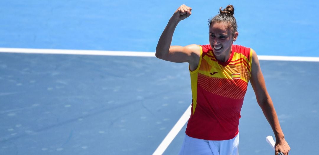 Sara Sorribes, durante su victoria ante la australiana Ashleigh Barty