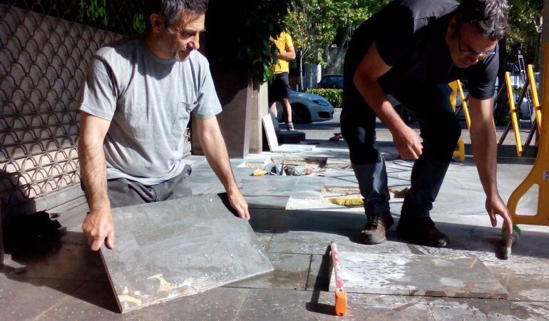 Les dues rajoles amb fòssils incrustats.