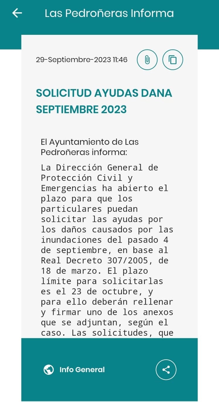 Inicio del bando municipal publicado en la aplicación &#039;Bandomovil&#039; por parte del Ayuntamiento de Las Pedroñeras