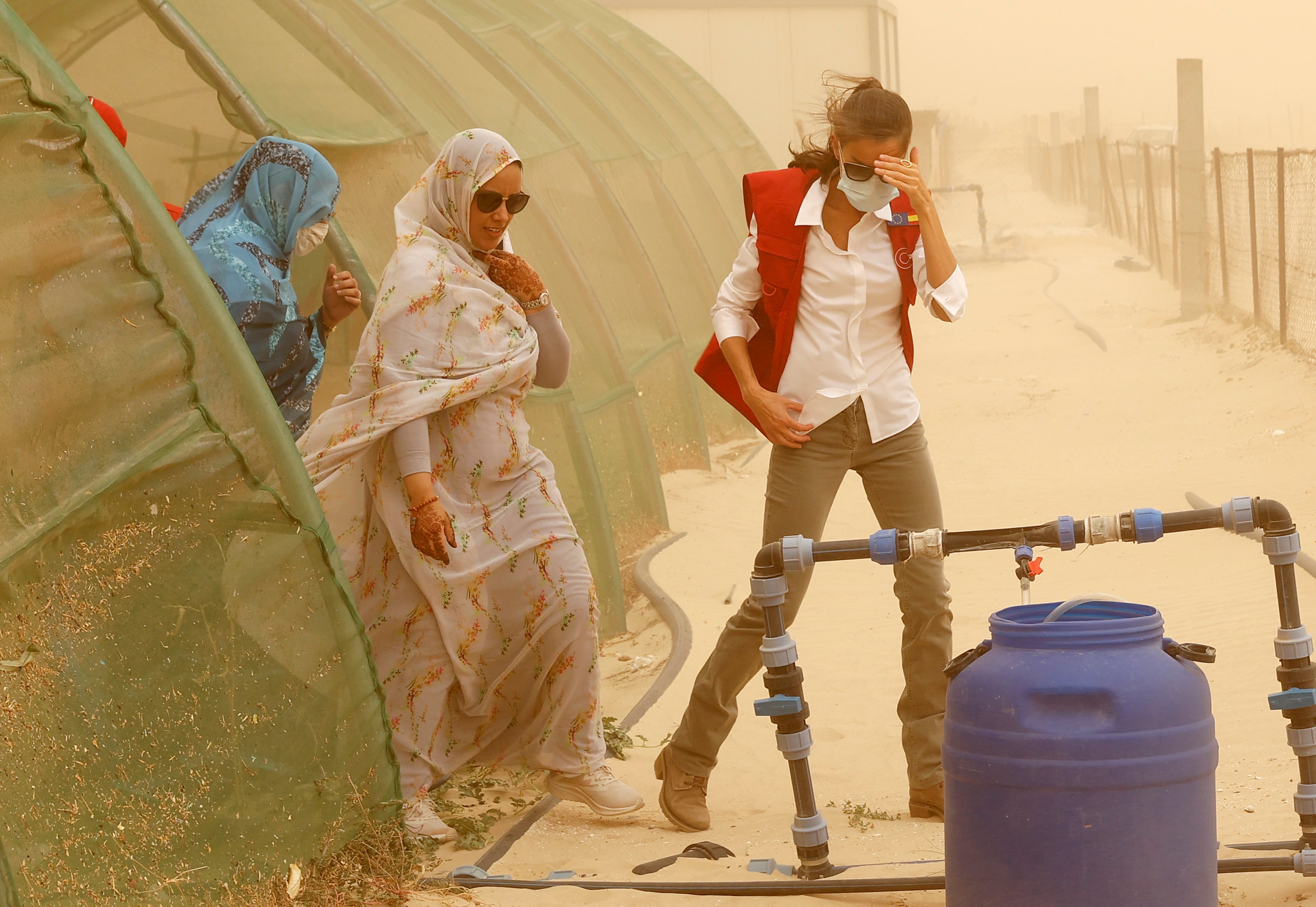 La reina Letizia se protege con gafas y mascarilla de la tormenta de arena registrada, durante su visita a un proyecto de huertos urbanos financiado por la cooperación española, este jueves en Nuakchot, en el último día de su viaje a Mauritania.