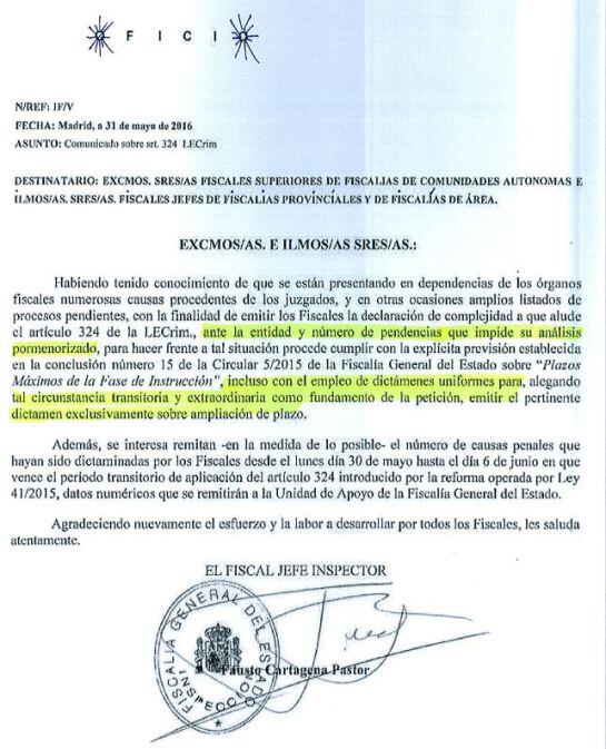 Documento enviado a las fiscalías superiores