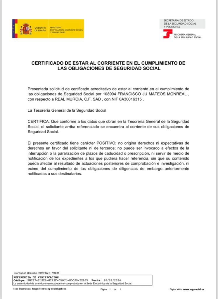 Certificado de la Seguridad Social sobre el Real Murcia