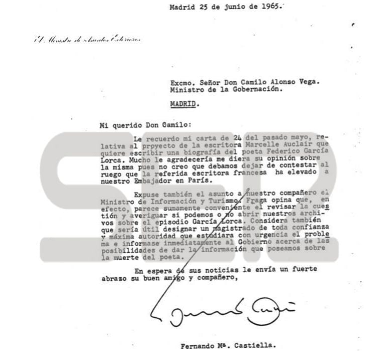 Carta del ministro de Exteriores Castiella al ministro de Gobernación relativa a Lorca.