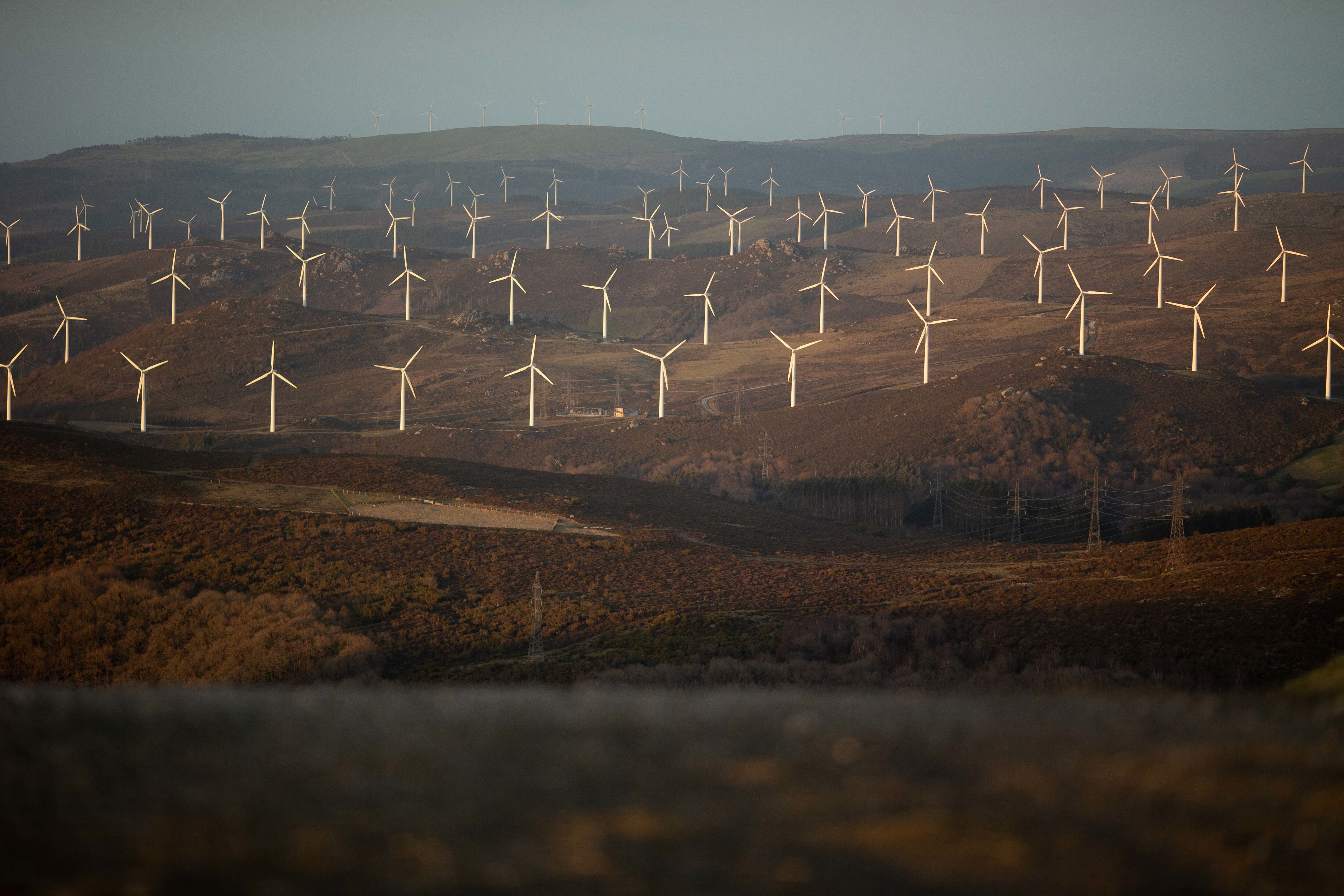 LUGO GALICIA, SPAIN - MARCH 15: Several wind turbines at the Vilacha wind farm, on 15 March, 2024 in Lugo, Galicia, Spain. This wind farm, located between the Lugo municipalities of Ourol and Muras, has seen its application to expand its surface area and energy capacity paralyzed (by the Superior Court of Justice of Galicia). (Photo By Carlos Castro/Europa Press via Getty Images)