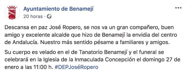 Mensaje de pésame de la actual corporación municipal a través de las redes sociales