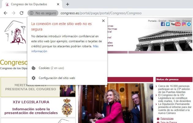 &quot;La conexión con este sitio web no es segura&quot;, el mensaje que aparece en el buscador en la página web del Congreso de los Diputados