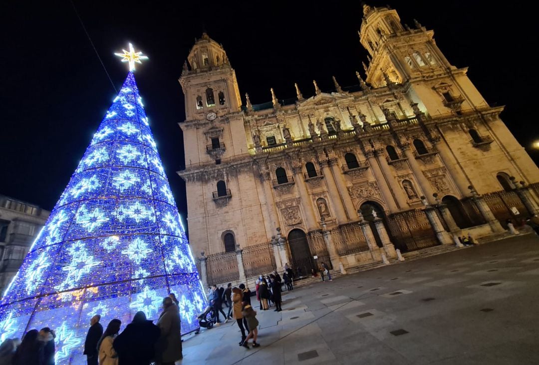 El pino de luces led en una Navidad frente a la Catedral de Jaén.