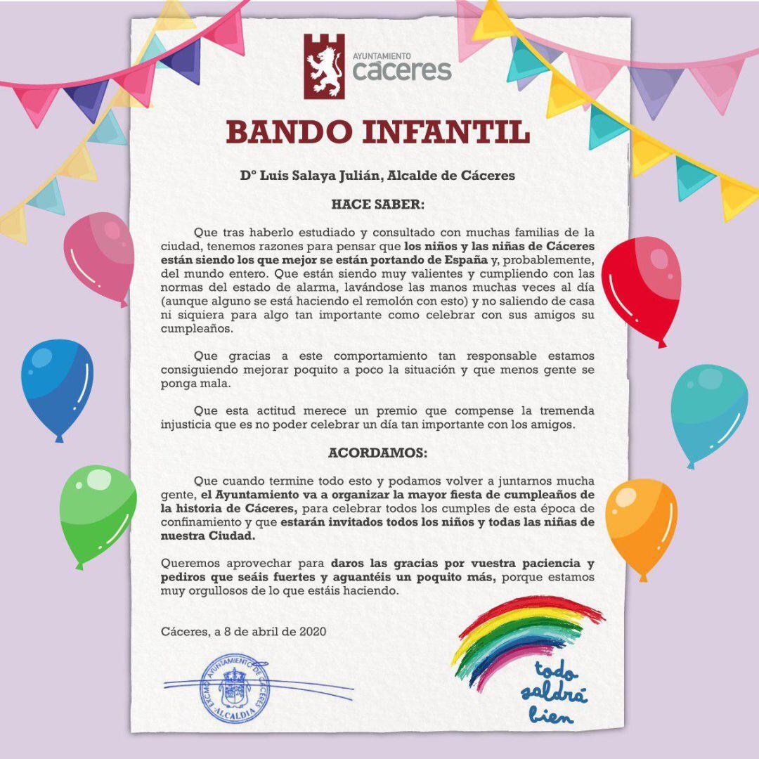 Bando Municipal de la ciudad de Cáceres que anunciaba una Macrofiesta de cumpleaños cuando acabase el confinamiento