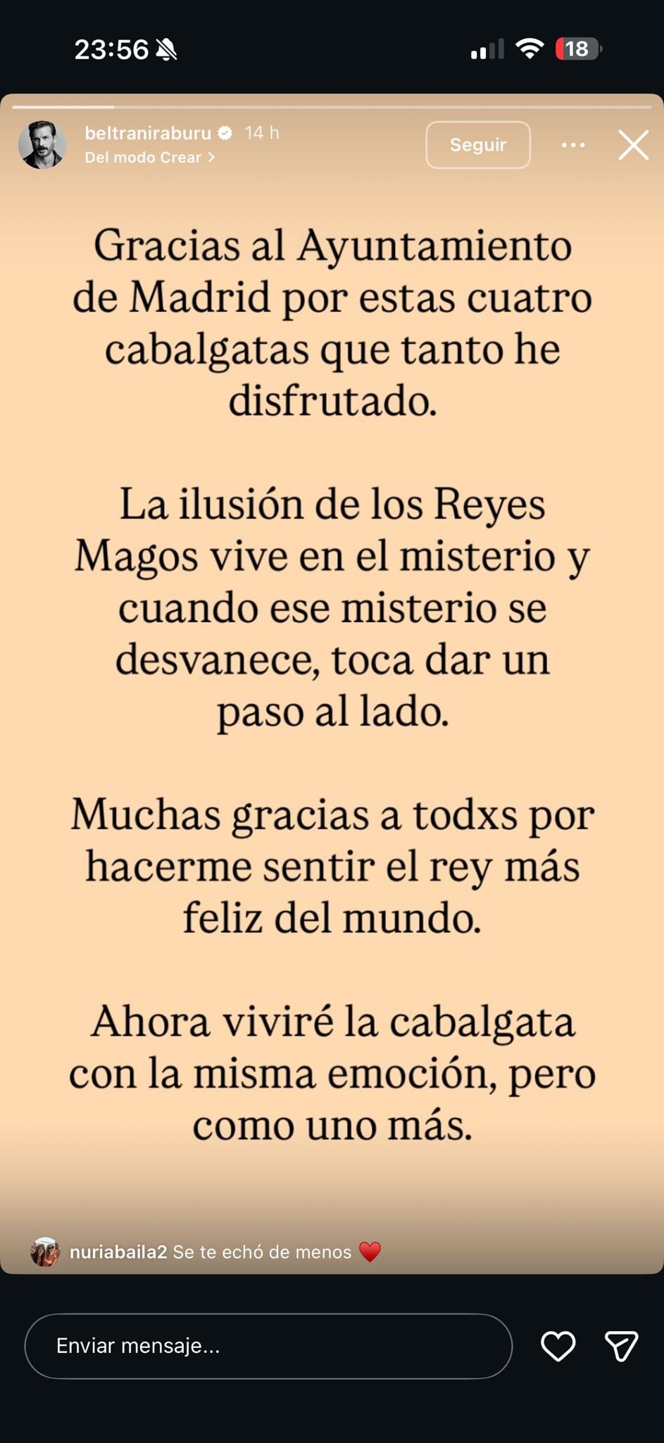 Comunicado de Beltrán Iraburu en sus redes sociales / Instagram