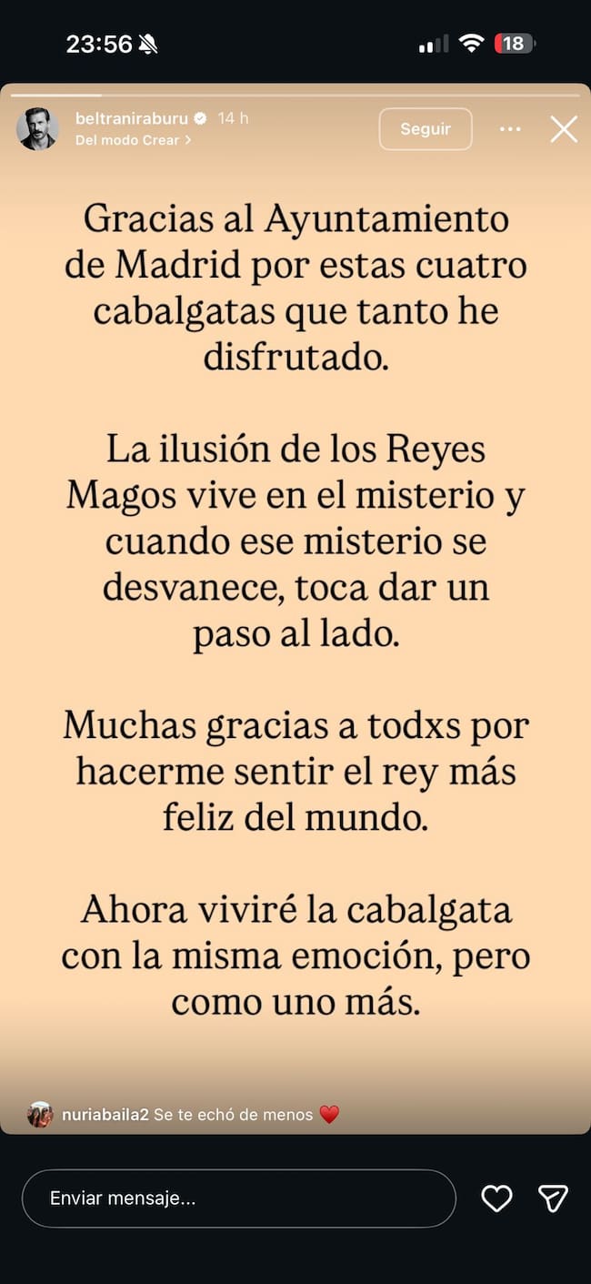Comunicado de Beltrán Iraburu en sus redes sociales / Instagram