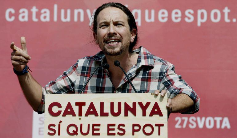 El secretario general de Podemos, Pablo Iglesias, durante su participación en un acto de campaña de la candidatura Catalunya Sí que es Pot.