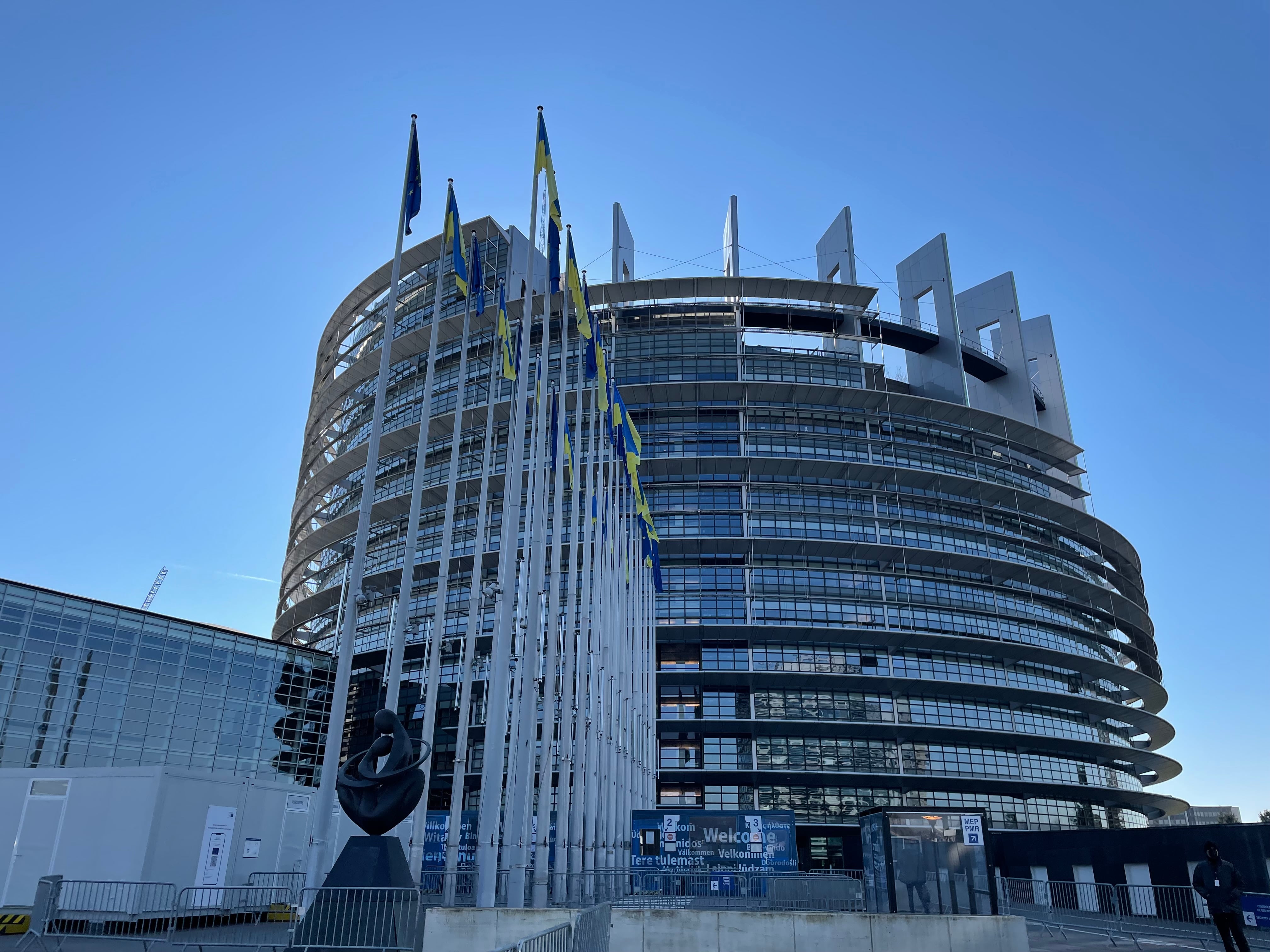 Banderas ucranianas a las puertas del Europarlamento en Estrasburgo