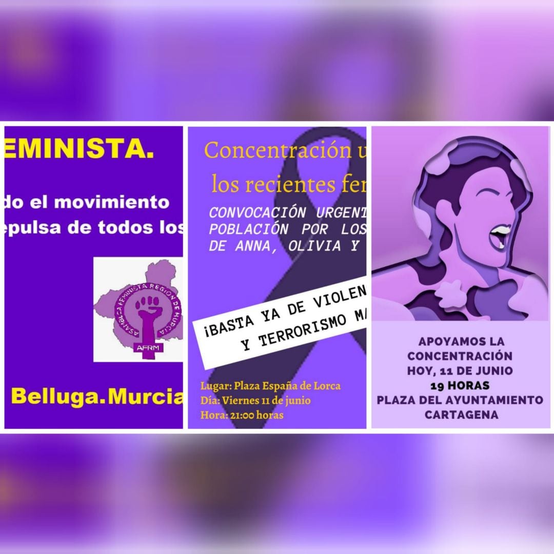 Convocatorias de las concentraciones contra las violencias machistas en Murcia, Lorca y Cartagena