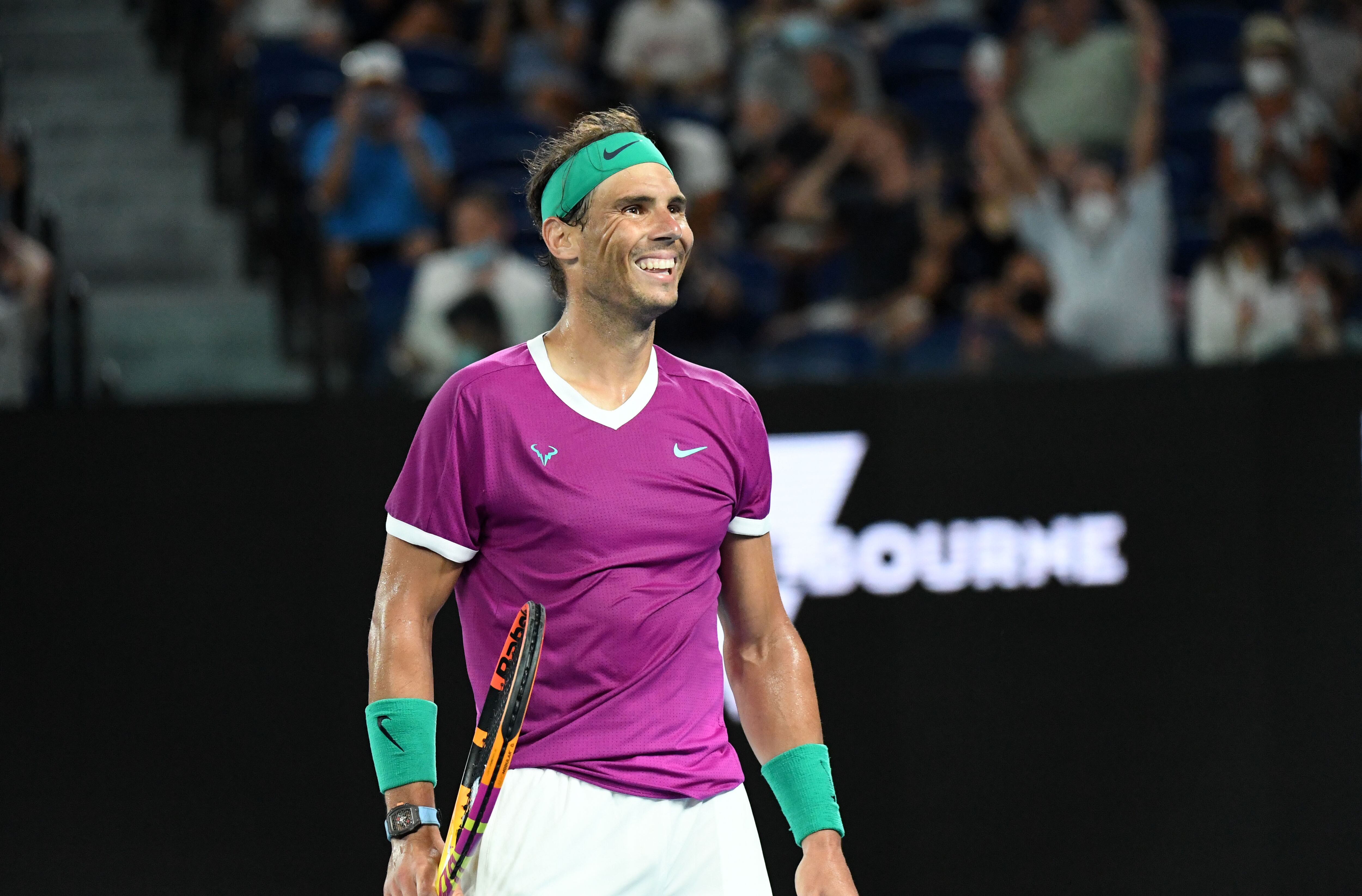 MELBOURNE, AUSTRALIA â JANUARY 28: Rafael Nadal of Spain celebrates his victory after winning his Menâs Singles Semi Finals match against Matteo Berrettini (not seen) of Italy during the 2022 Australian Open at Melbourne Park on January 28, 2022 in Melbourne, Australia. (Photo by Recep Sakar/Anadolu Agency via Getty Images)