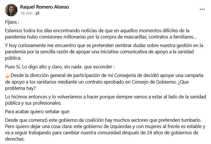 Respuesta de la consejera Raquel Romero en su muro de Facebook