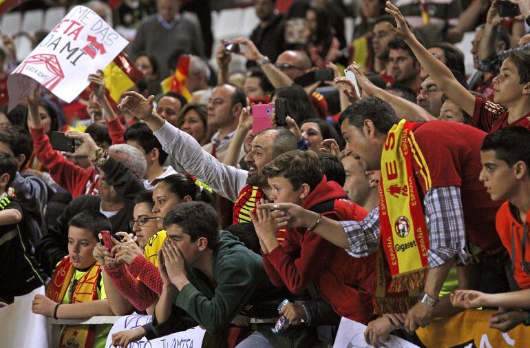 La afición de la seleccion española de fútbol anima al equipo durante el partido clasificatorio para la Eurocopa de 2016 ante Ucrania