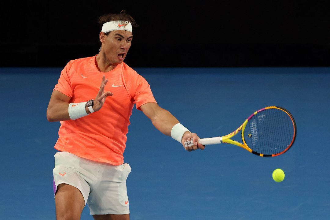 ..ADELAIDE, AUSTRALIA - JANUARY 29: Rafael Nadal of Spain plays a forehand in his match against Dominic Thiem of Austria during the &#039;A Day at the Drive&#039; exhibition tournament at Memorial Drive on January 29, 2021 in Adelaide, Australia. (Photo by Daniel K