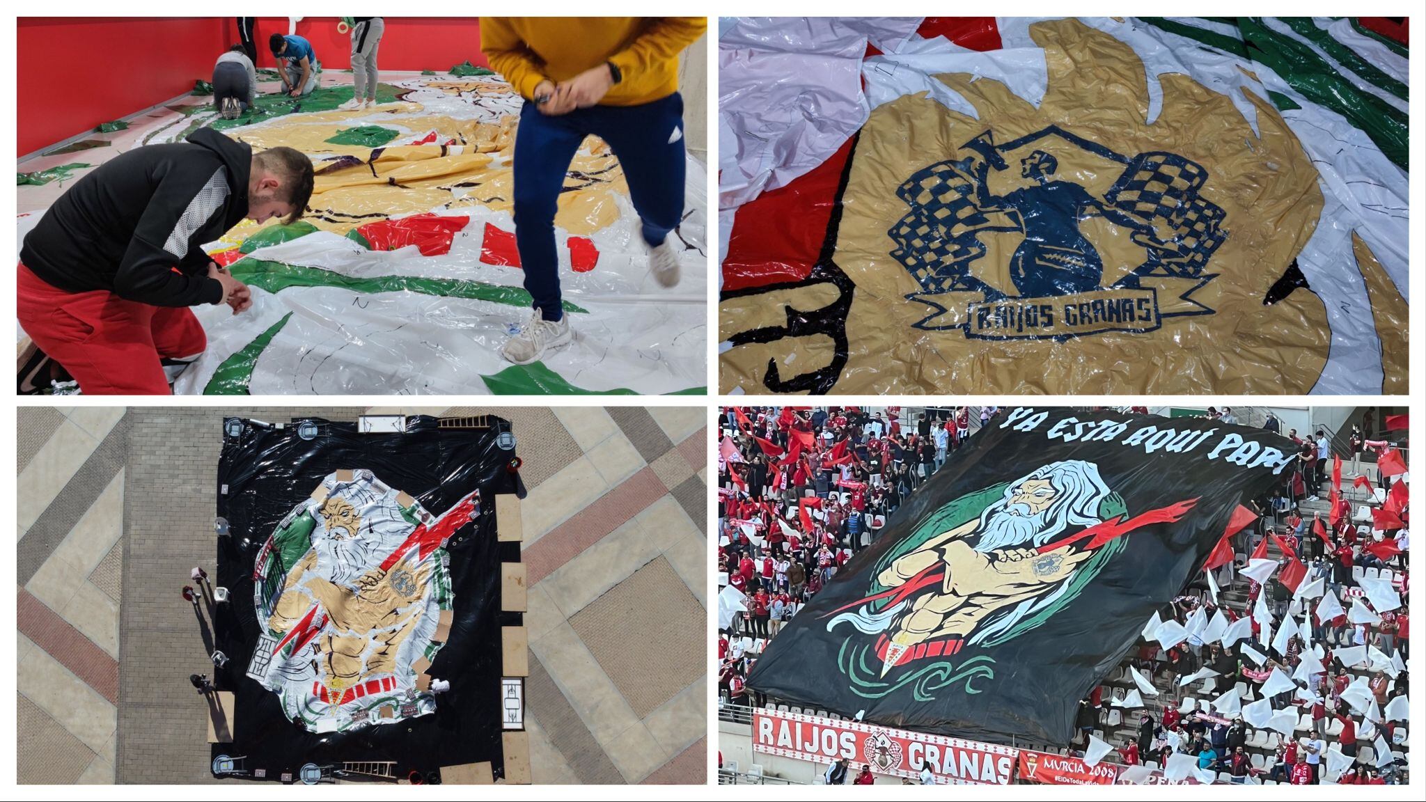 Proceso de creación del tifo de Zeus por parte de Raijos Granas, la grada de animación del Real Murcia