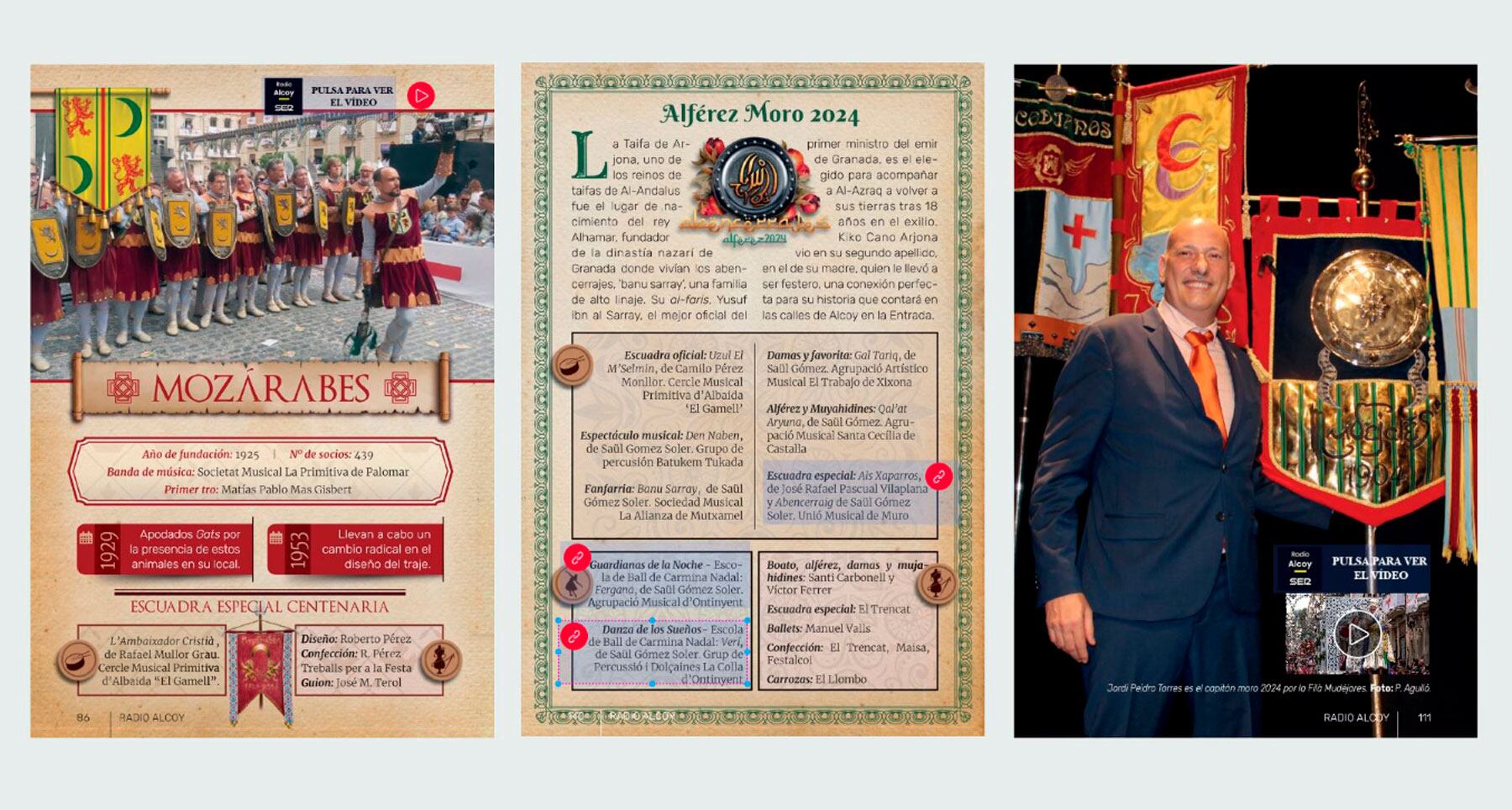 Imagen de tres de las páginas con la señalización de los vídeos en los ballets o las escuadras y el ejemplo del capitán moro Jordi Peidro con una ventana en miniatura del vídeo