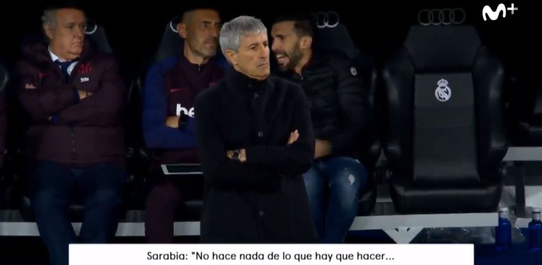 Eder Sarabia y Quique Setién, durante el partido del Santiago Bernabéu