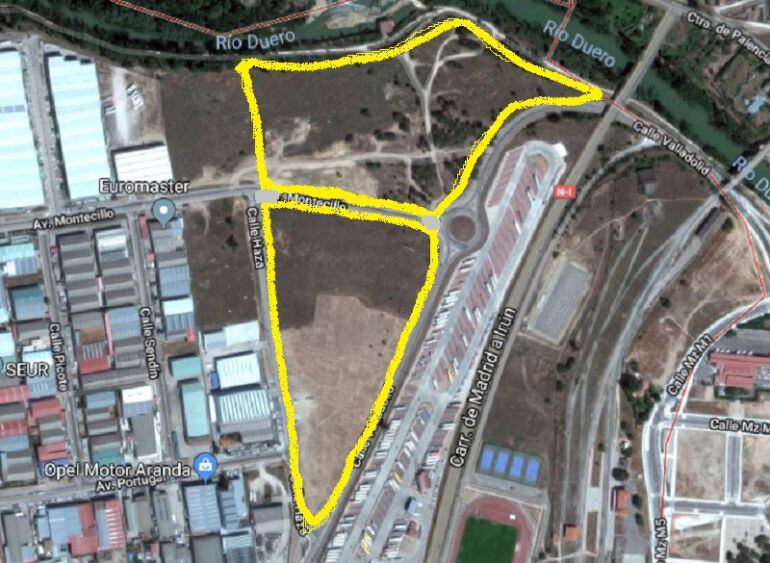 Vista aérea de las parcelas en las que se centra el proyecto para crear un área multiusos que podría albergar próximas ediciones de Sonorama Ribera