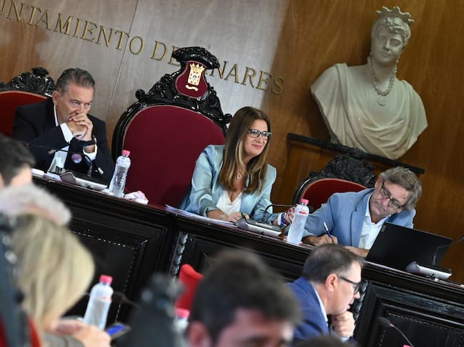 Raúl Caro, Auxiliadora del Olmo y Enrique Mendoza, presiden el pleno en Linares.