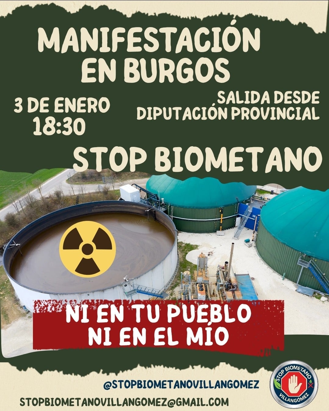 Cartel manifestación contra planta biometano en la zona de Villangómez