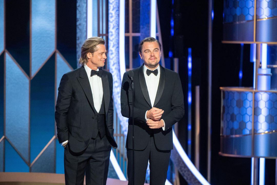  handout photo made available by the Hollywood Foreign Press Association (HFPA) shows Brad Pitt and Leonardo DiCaprio presenting during the 77th annual Golden Globe Awards ceremony at the Beverly Hilton Hotel, in Beverly Hills, California, USA, 05 January 2020