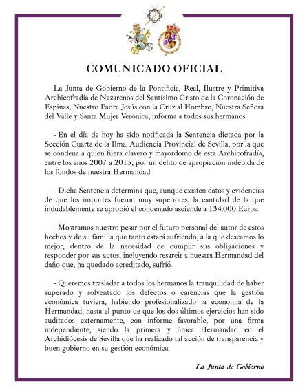 Comunicado oficial de la Hermandad del Valle