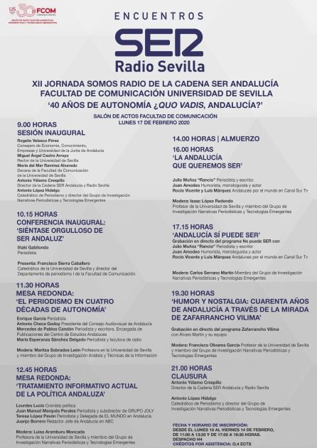 Programa de la jornada organizada por la Cadena SER y la Facultad de Comunicación de la Universidad de Sevilla